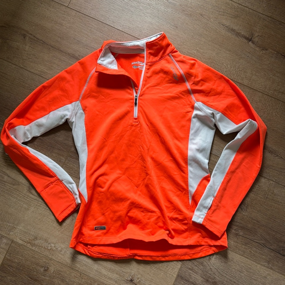 Women’s Saucony half zip orange long sleeve workout top size S